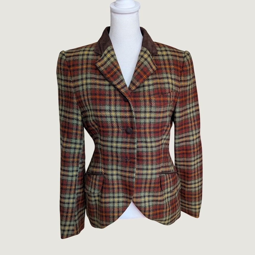 Laura Ashley Vintage Wool Plaid Blazer Suede Trim Equestrian Jacket Size 6